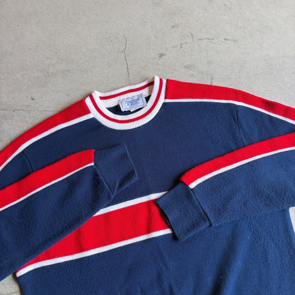 Vintage Charming Forge Navy Red White Striped Acrylic Crewneck Sweater Mens L